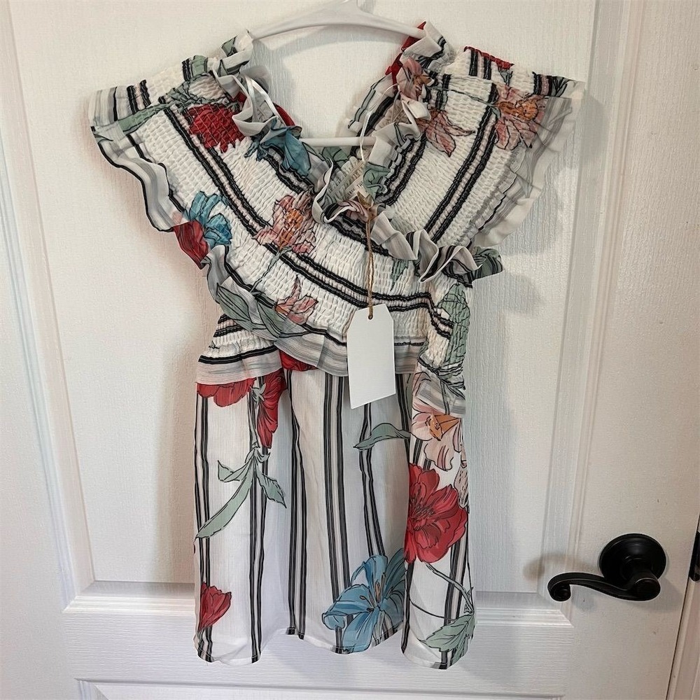 Free the Roses Women's Size XS Floral Striped Ruffle Casual Sleeveless Top NWT